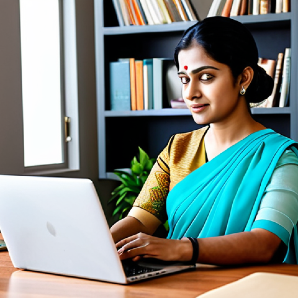 **
A professional woman in a modest saree, working on a laptop at a bright, modern desk in a home office. Bookshelves and potted plants are visible in the background. Fully clothed, appropriate attire, safe for work, perfect anatomy, natural proportions, professional photography, high quality, family-friendly.
**