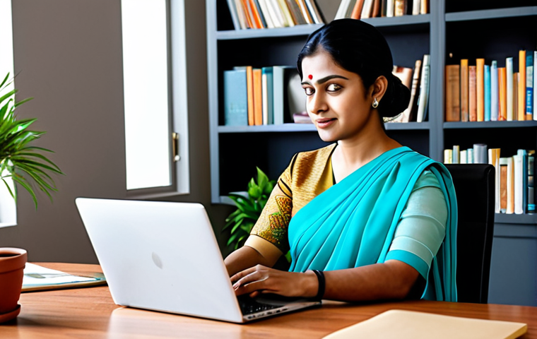 **
A professional woman in a modest saree, working on a laptop at a bright, modern desk in a home office. Bookshelves and potted plants are visible in the background. Fully clothed, appropriate attire, safe for work, perfect anatomy, natural proportions, professional photography, high quality, family-friendly.
**