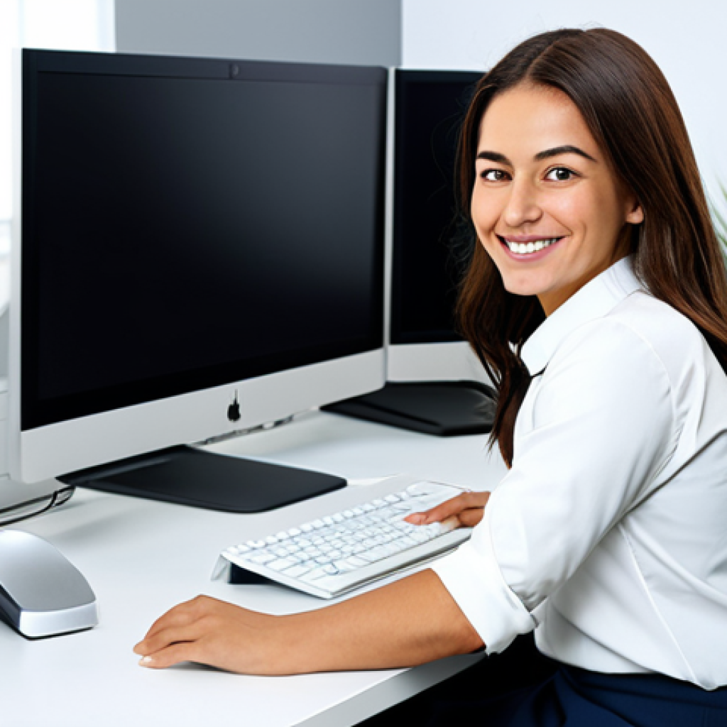**
A professional female software engineer in a modest, modern office setting, fully clothed in appropriate business attire (e.g., a blouse and slacks or a knee-length skirt). She is smiling and working at her computer. The office is bright and clean with multiple monitors. Safe for work, appropriate content, perfect anatomy, natural pose, professional, family-friendly.
**