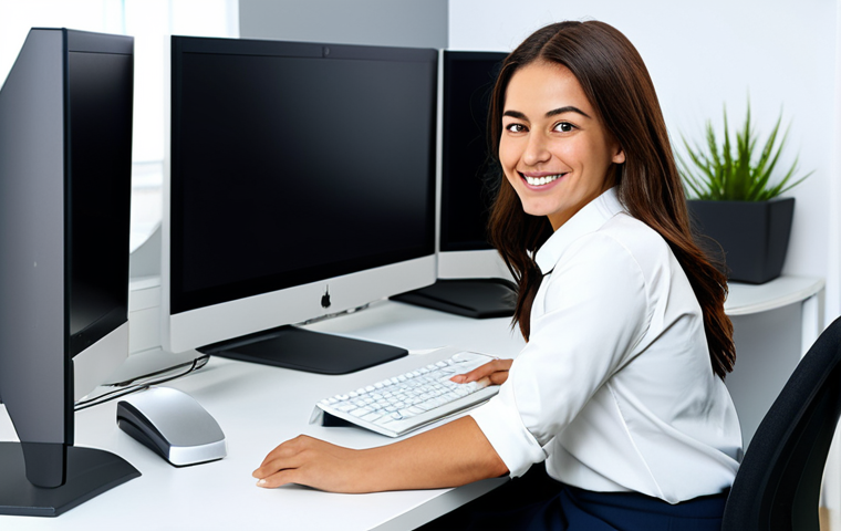 **
A professional female software engineer in a modest, modern office setting, fully clothed in appropriate business attire (e.g., a blouse and slacks or a knee-length skirt). She is smiling and working at her computer. The office is bright and clean with multiple monitors. Safe for work, appropriate content, perfect anatomy, natural pose, professional, family-friendly.
**
