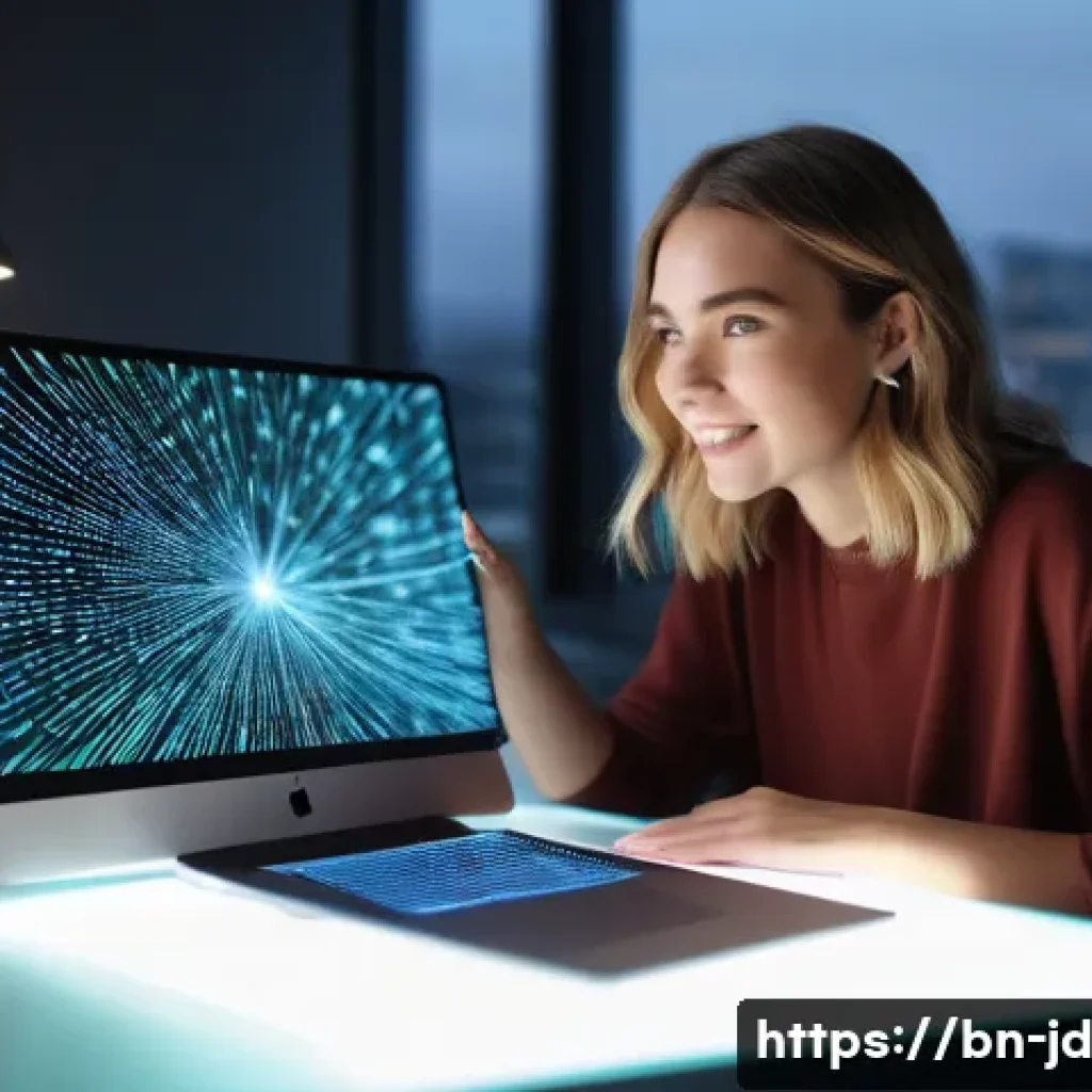기술 공유 플랫폼에서의 AI 활용 방안 - **Prompt:** A young, energetic female blogger in her late 20s sits at a sleek, minimalist desk in a ...