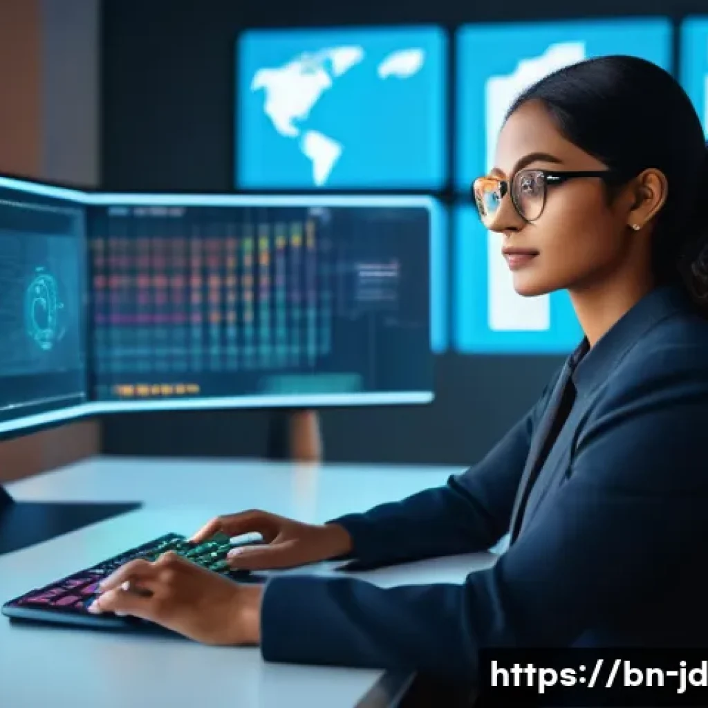 기술 공유 플랫폼과 블록체인 기술의 접목 - A futuristic digital workspace featuring a diverse Bengali professional woman sitting confidently at...