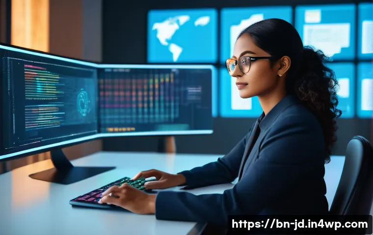 기술 공유 플랫폼과 블록체인 기술의 접목 - A futuristic digital workspace featuring a diverse Bengali professional woman sitting confidently at...